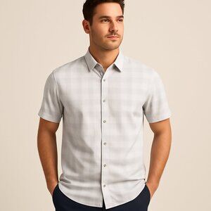 TravisMathew Light Gray Plaid Short Sleeve Button-Up Shirt - Size XL